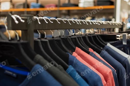 Preview: Sweater shopping close-up on hangers.