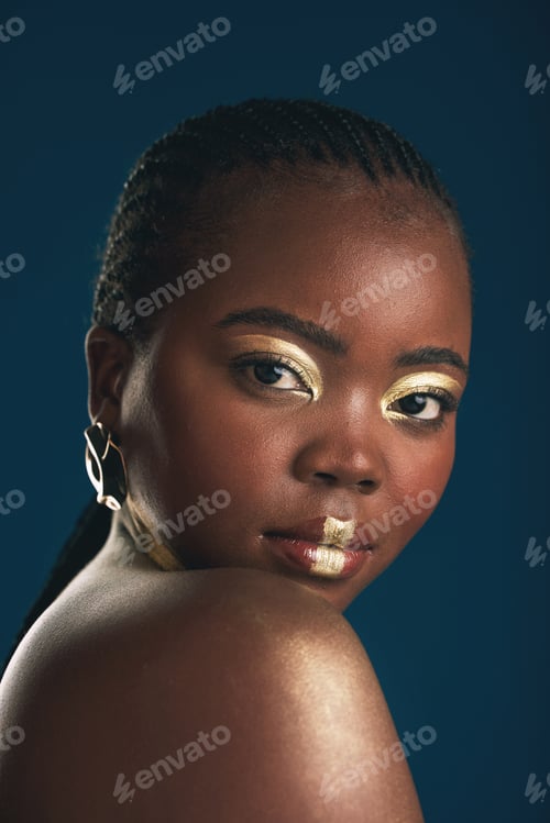 Preview: Gold makeup, portrait and black woman confident with creative art, facial cosmetics paint and beaut