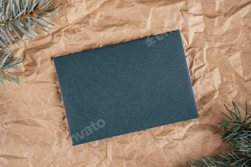 Preview: Background image of rough crumpled kraft paper with Christmas tree, sheet of dark green cardboard