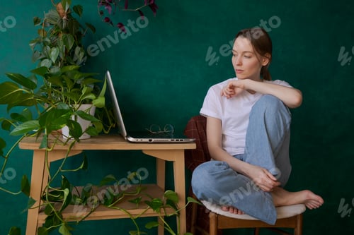 Preview: Young woman is sitting at table with laptop at home next to home plants in pots