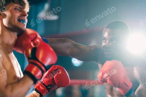Preview: MMA or Thai Boxing match, Two professional fighters punching or boxing, Fit athletes boxers fighting