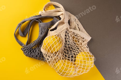 Preview: Brown and ecru mesh net bags with lemons and copy space on brown and yellow background