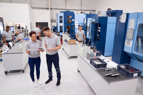Preview: Engineers Meeting On Factory Floor Of Busy Engineering Workshop
