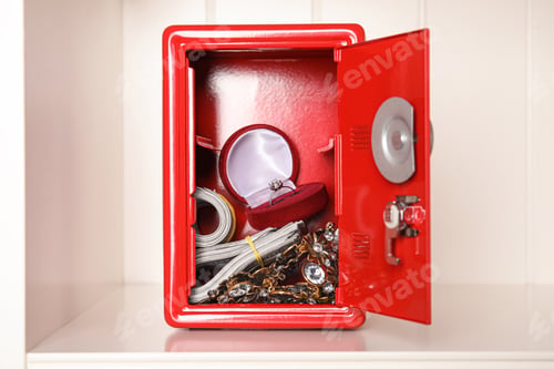 Preview: Open red steel safe with money and jewelry on shelf