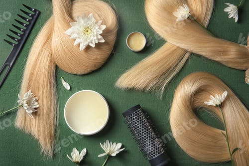 Preview: Composition with locks of blond hair and flowers on color background, top view