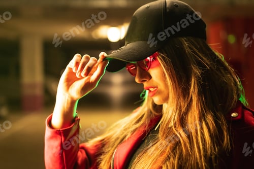 Preview: Portrait of a young pretty blond Caucasian woman in a red suit and sunglasses