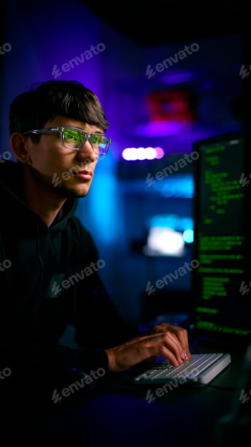 Preview: Low Key Lighting Shot Of Male Computer Hacker Sitting In Front Of Screens Breaching Cyber Security