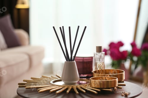Preview: Composition with stylish accessories and interior elements on table indoors