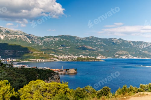 Preview: Towns of Budva and Becici with hotels near Adriatic Sea against the backdrop of the mountains
