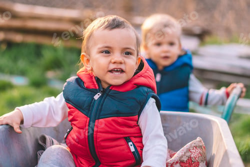 Preview: little toddler rides a brother in a wheelbarrow in nature and smiles. Twins.