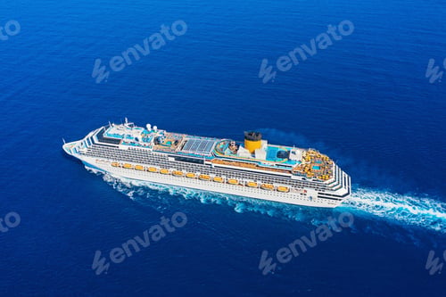 Preview: Aerial view of beautiful modern large white cruise ship liner with colorful deck on blue sea