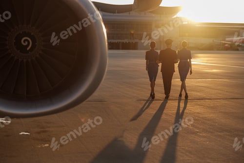 Preview: Full length shot of professional pilot walking together with two female flight attendants