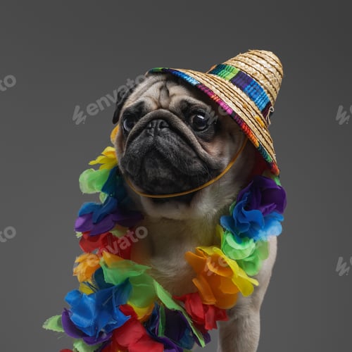 Preview: Funny pug dog with straw hat and hawaiian wreath