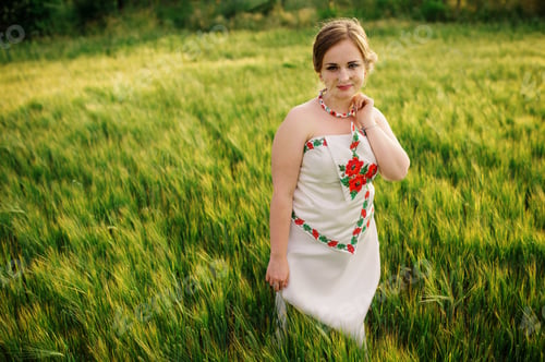 Preview: Young girl at ukrainian national dress posed at wreath field.