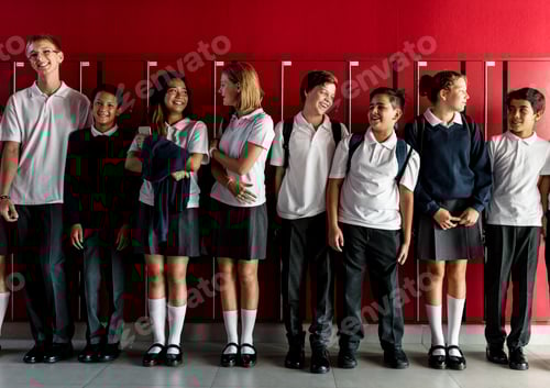Preview: Smiling Teens Chatting in School Hallway