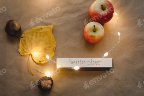 Preview: hello september. autumn card with fresh red apples on white background top view