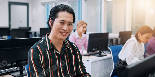 Preview: Portrait, man and business people in workplace, computer and smile with connection. Japan, employee