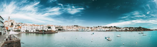 Preview: Cadaques, Province Of Girona, Catalonia, Spain. Panoramic View Cityscape. View From Sea