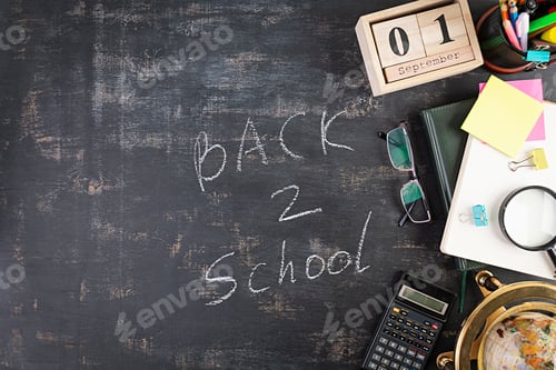 Preview: Different school supplies on dark background. Concept Back to school