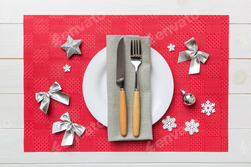 Preview: Christmas dinner background with rustic decorations and kitchen utensil . View from above