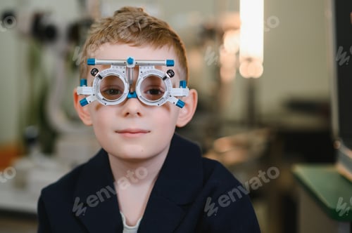 Preview: Boy undergoing eyesight examination with trial frame in ophthalmology clinic
