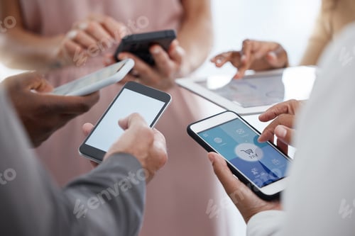 Preview: Hands, phone and collaboration in networking, marketing or communication together with technology a