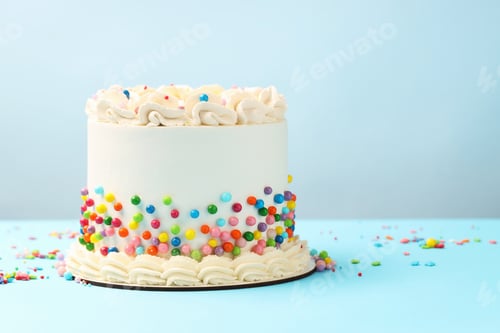 Preview: Delicious bento cake with colorful sprinkles on light blue table, space for text