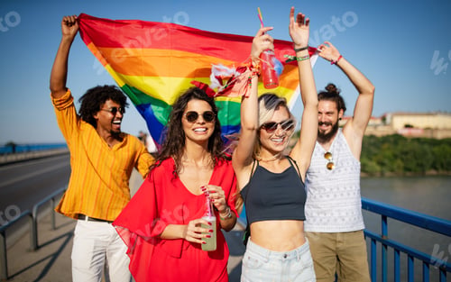 Preview: Happy group of people hanging out in the city waving LGBT with pride flag