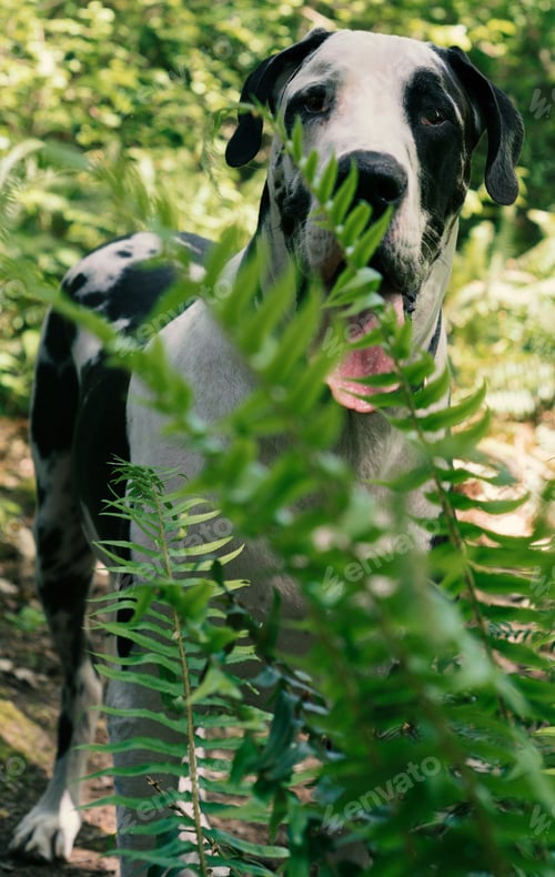 Preview: Harlequin Great Dane dog surrounded by green ferns.
