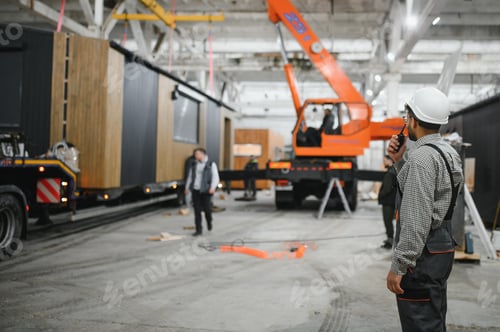 Preview: Construction worker supervising prefabricated modular house transportation in workshop