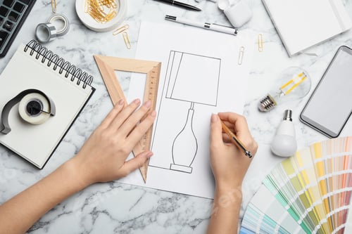 Preview: Designer drawing lamp at white marble table, top view