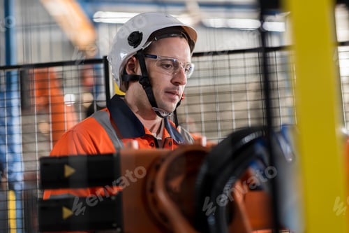 Preview: A team of male engineers meeting to inspect computer-controlled steel welding robots