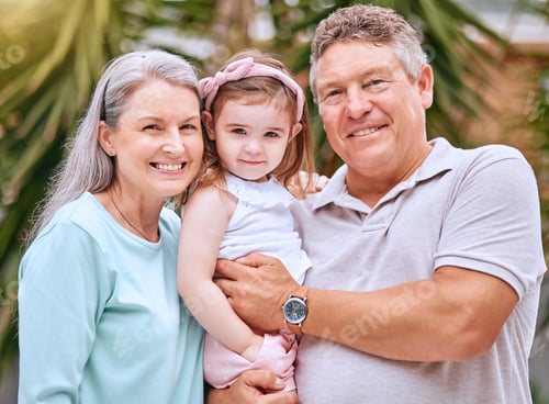 Preview: Garden, family and grandparents portrait with young child smile for bond, care and happiness togeth