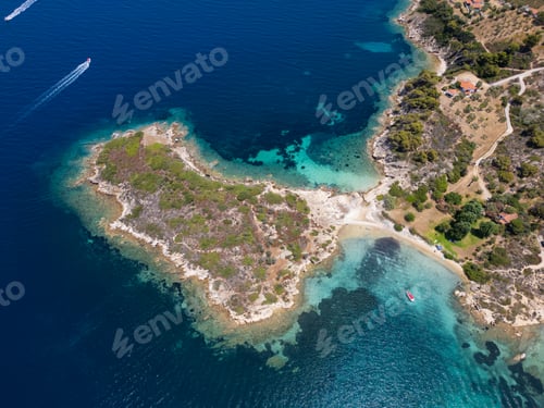 Preview: Aerial view of an island on Sithonia Peninsula, Greece, with beaches and rocks, surrounded by