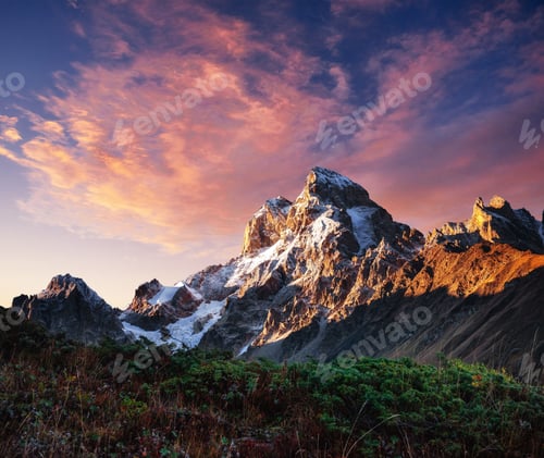 Preview: Autumn landscape and snow mountains in beautiful cumulus clouds.