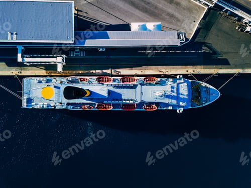 Preview: Aerial view of large cruise ship near the port in Italy