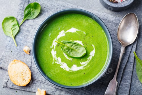 Preview: Spinach Soup with Cream in a Bowl. Top View.