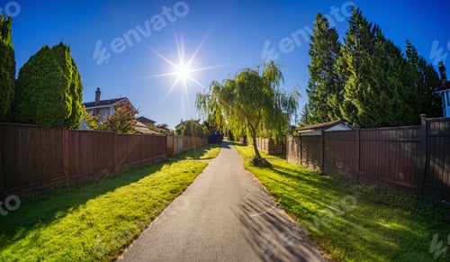 Visualização: Walking Path by Residential Homes in a suburban city street sunny morning. Surrey, Vancouver, BC
