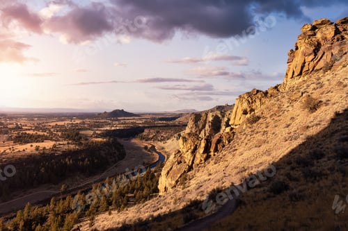 Preview: American Landscape during a vibrant winter day. Colorful Sunset Sky Art Render