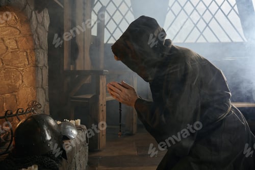 Preview: Desperate priest kneeling before church altar in mystical smoke