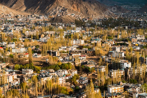Preview: Panoramic view of Leh city in Ladakh, India, nestled in Himalayan mountains, dramatic brown ridges