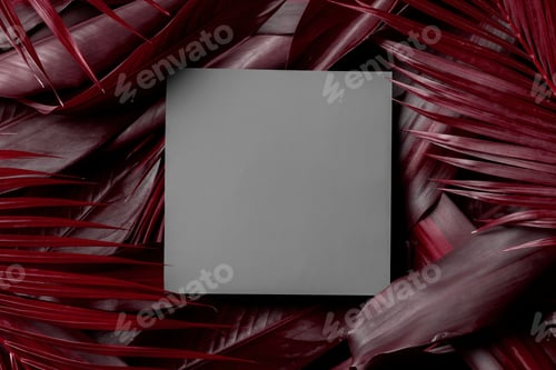 Preview: Creative natural layout of red tropical leaves with a gray square card.