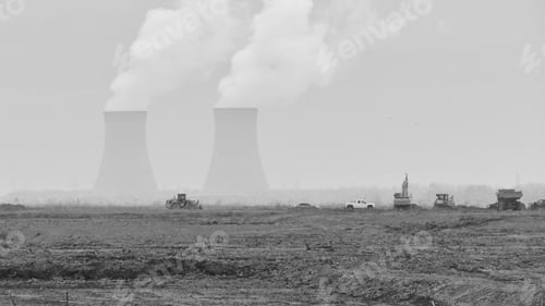 Preview: Grayscale shot of construction vehicles with silhouettes of towers in the background.