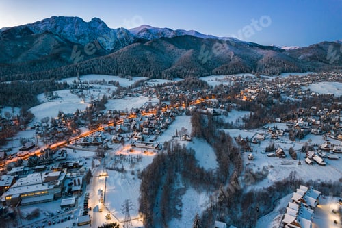 Preview: Zakopane Winter Capital of Poland. Aerial Drone Panoramic View at Sunrise
