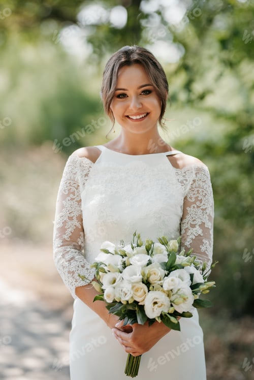 Preview: young girl in a beautiful tight dress with a bouquet