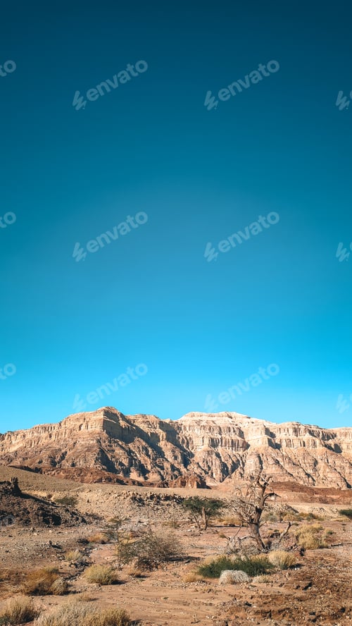 Desert Landscape Featuring Striking Rock Formation and Clear Sky