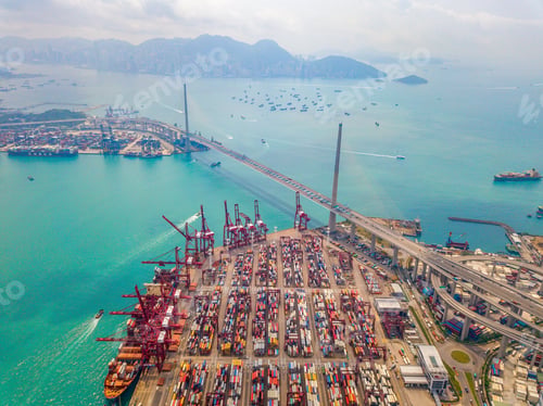 Preview: container cargo ship in the export and import business and logistics. Shipping to the harbor