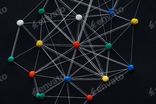 Preview: top view of push pins connected with strings isolated on black, network concept