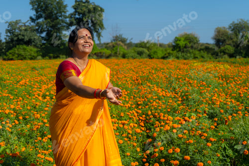 Preview: Indian woman in marigold field and enjoying nature.