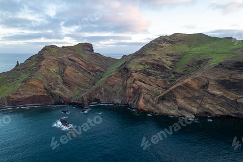 Preview: Cliffs ad ocean at Ponta de Sao Lourenco in Madeira. Aerial drone view